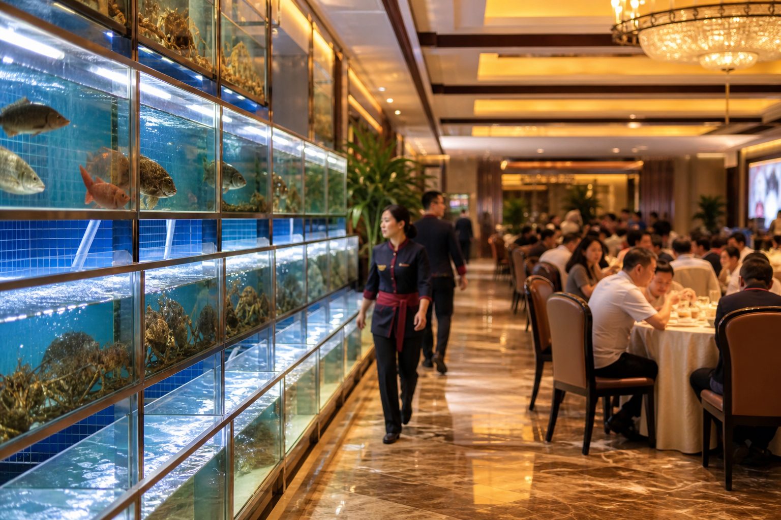 海鲜酒楼大堂与海鲜池