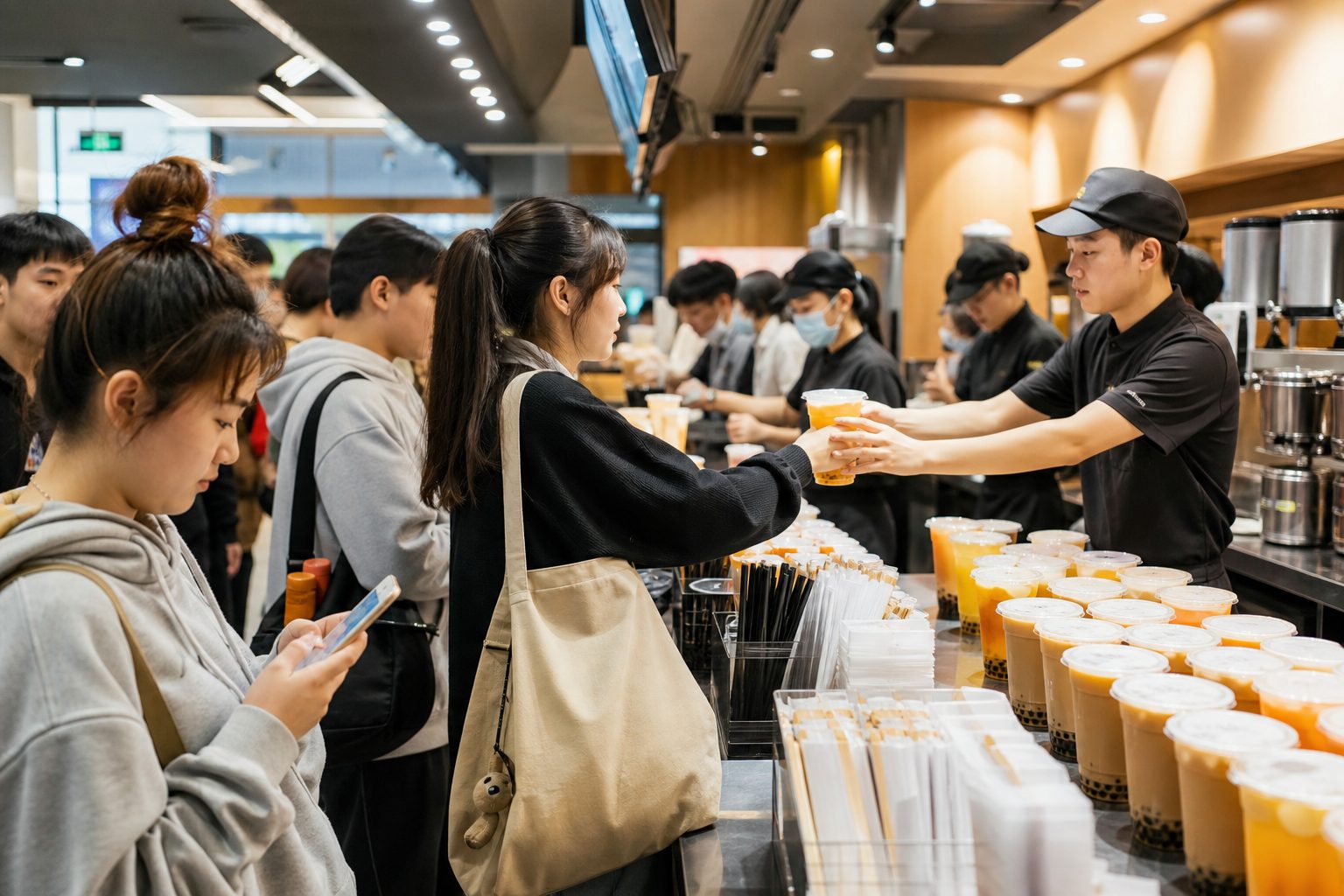 茶饮店高峰时段的取餐区