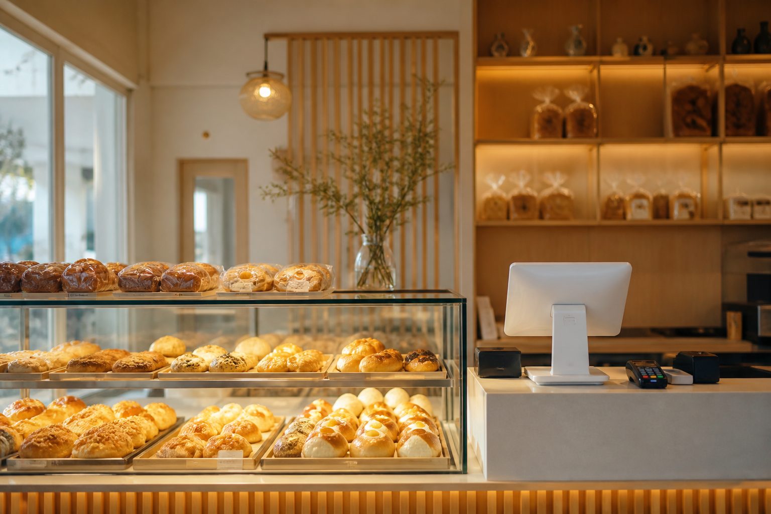 烘焙店面包陈列柜与收银台