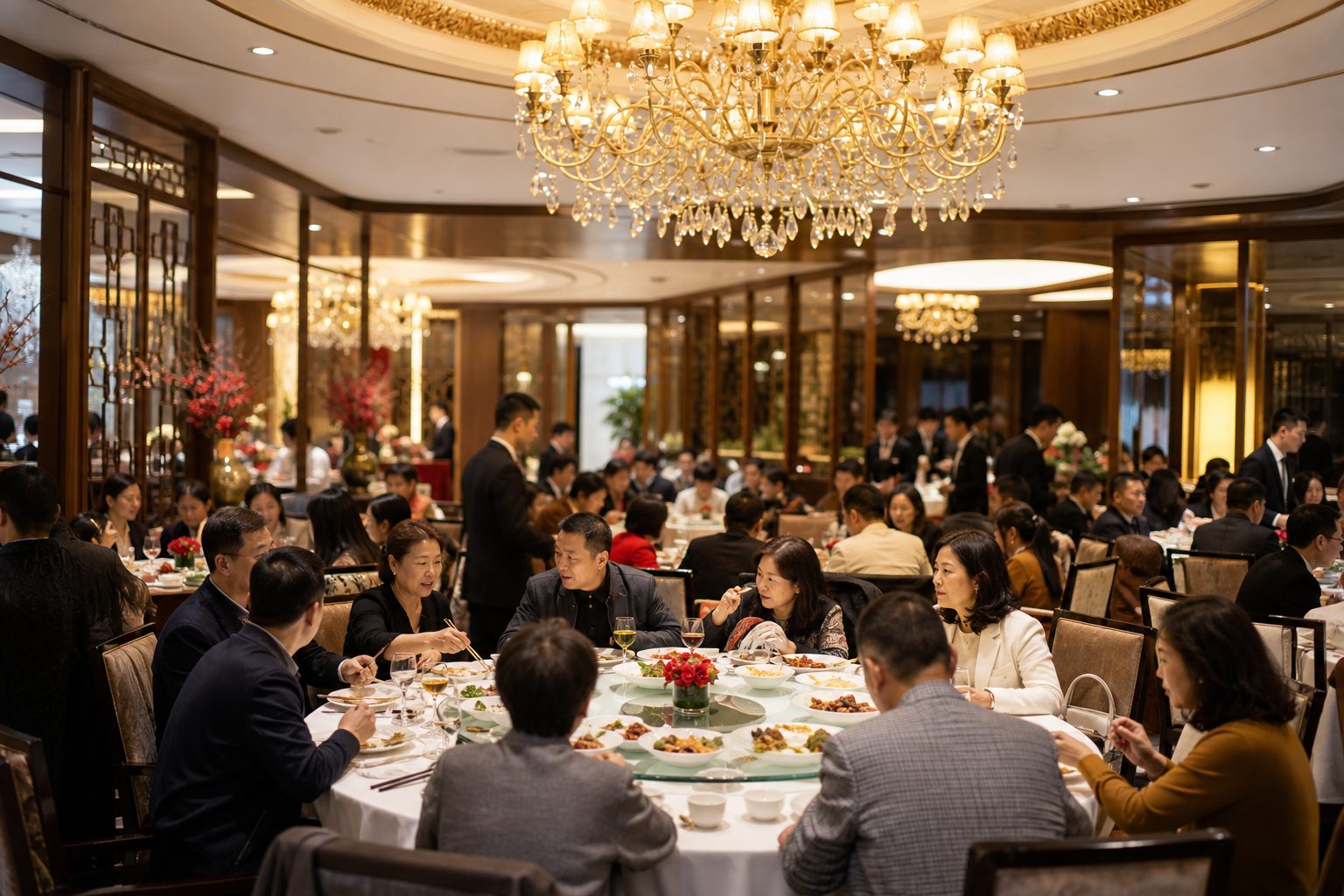 粤式酒楼大堂，圆桌坐满客人