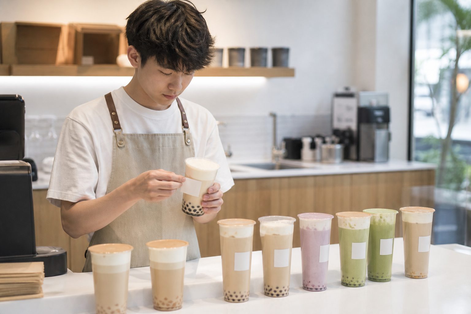 茶饮店出餐口，店员为饮品贴标签